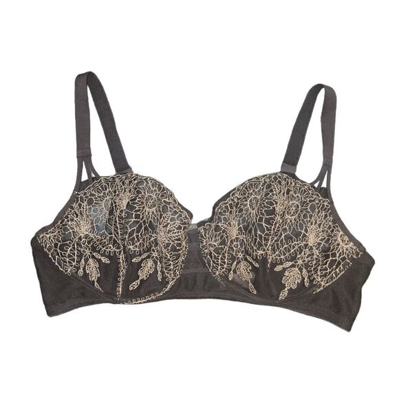 Vintage Lily Of France Lingerie Black Underwire Embroidered Stiched Bra 34D - Picture 1 of 9